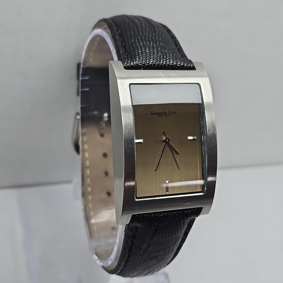 Kenneth Cole Tank Watch Men 26mm KC1024 Silver Tone Black Leather New Battery - Picture 3 of 11